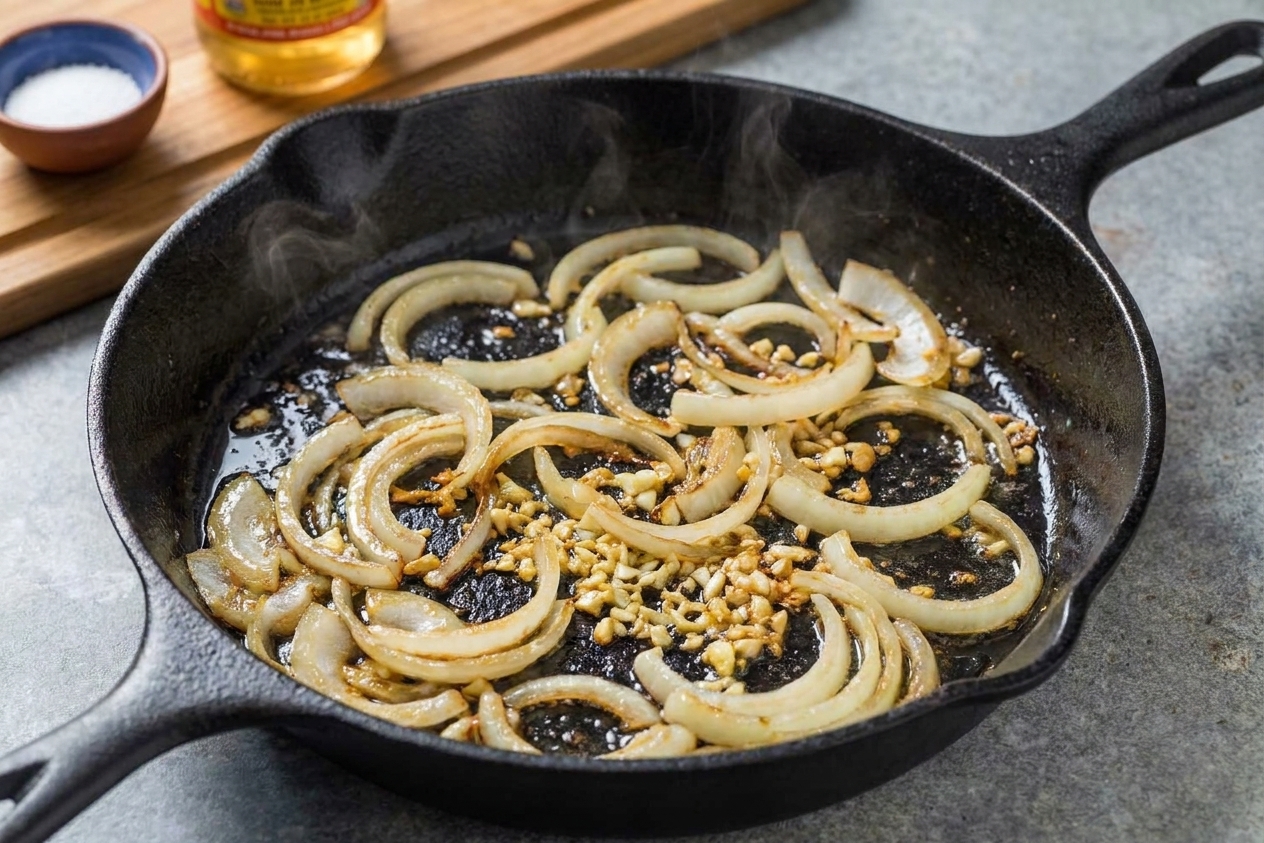 Sliced onions and minced garlic sauteing in bacon fat in a skillet, turning translucent with light browning