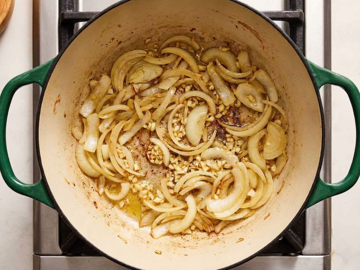 Sliced onions and minced garlic sautéing in a Dutch oven on the stove, glossy and softened