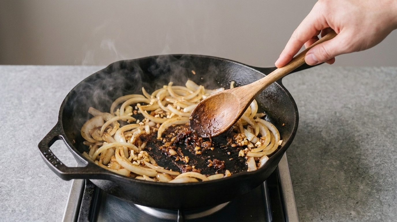 Sliced onions and minced garlic sautéing in a skillet with browned bits being scraped up with a wooden spoon