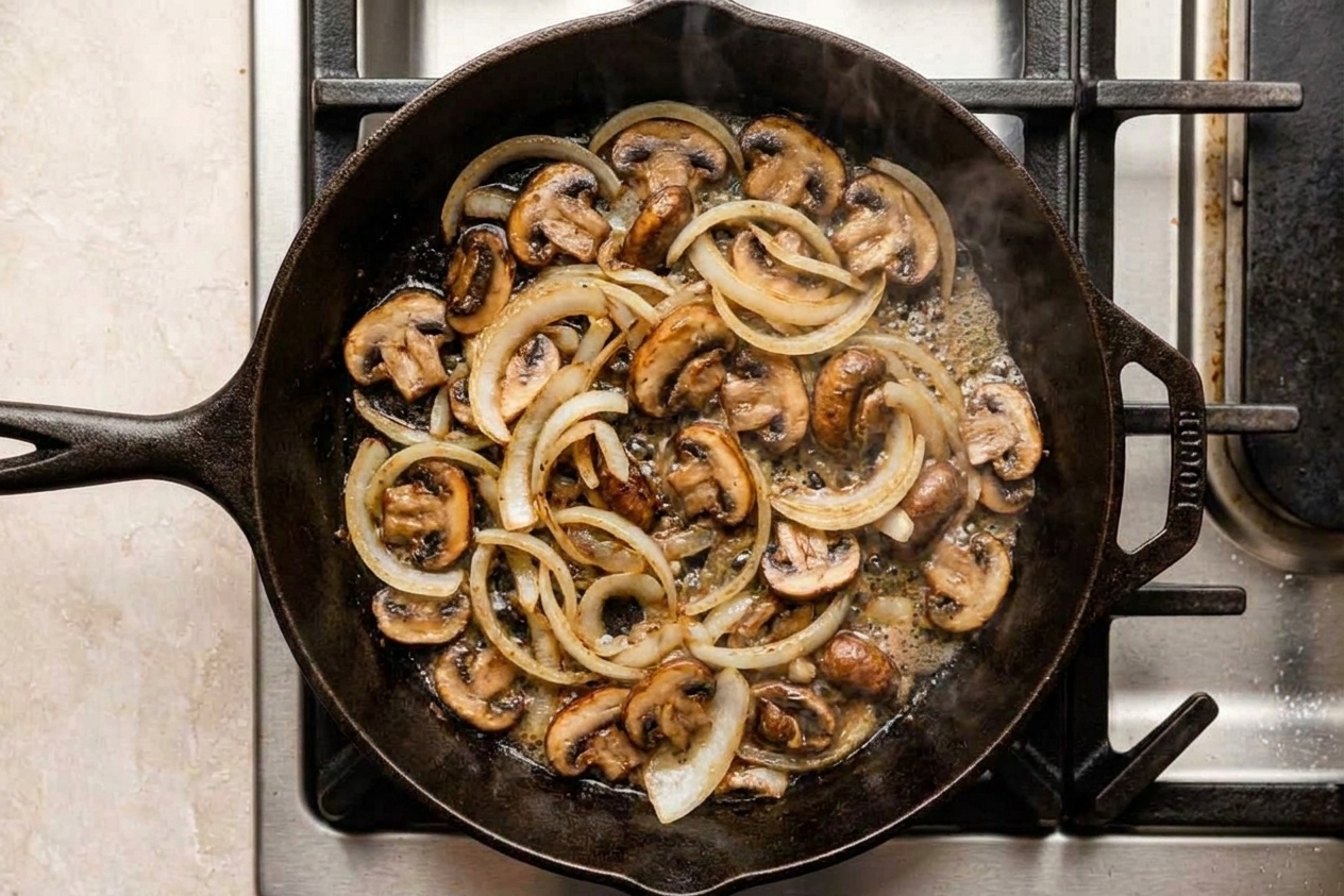 Sliced onions and mushrooms sautéing in a skillet with light browning and glossy butter