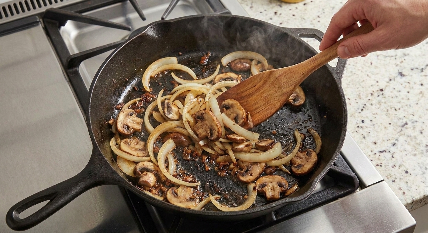 Sliced onions and mushrooms sautéing in a skillet with browned bits from the seared patties