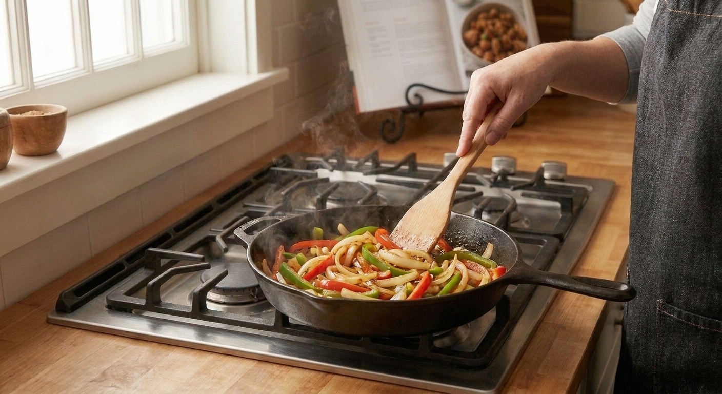 Sliced onions and red and green bell peppers sautéing in a skillet with a wooden spoon