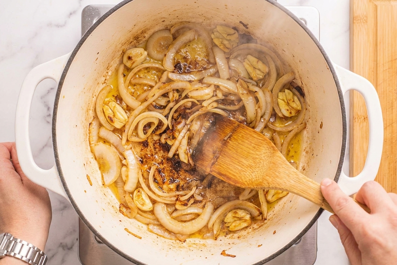 Sliced onions and smashed garlic cloves sautéing in a pot while browned bits are scraped from the bottom