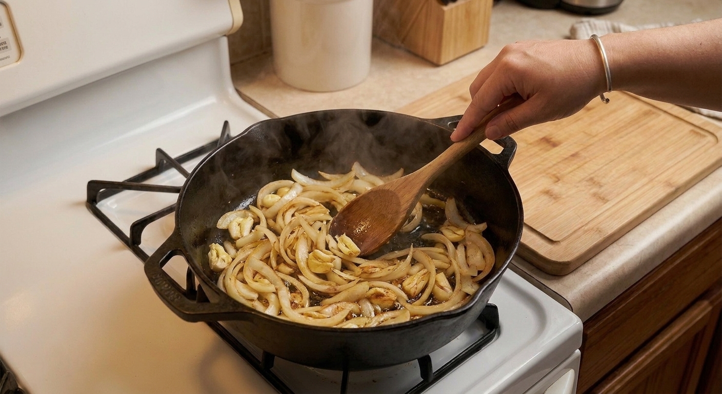 Sliced onions and smashed garlic sauteing in a Dutch oven on the stove with a wooden spoon stirring