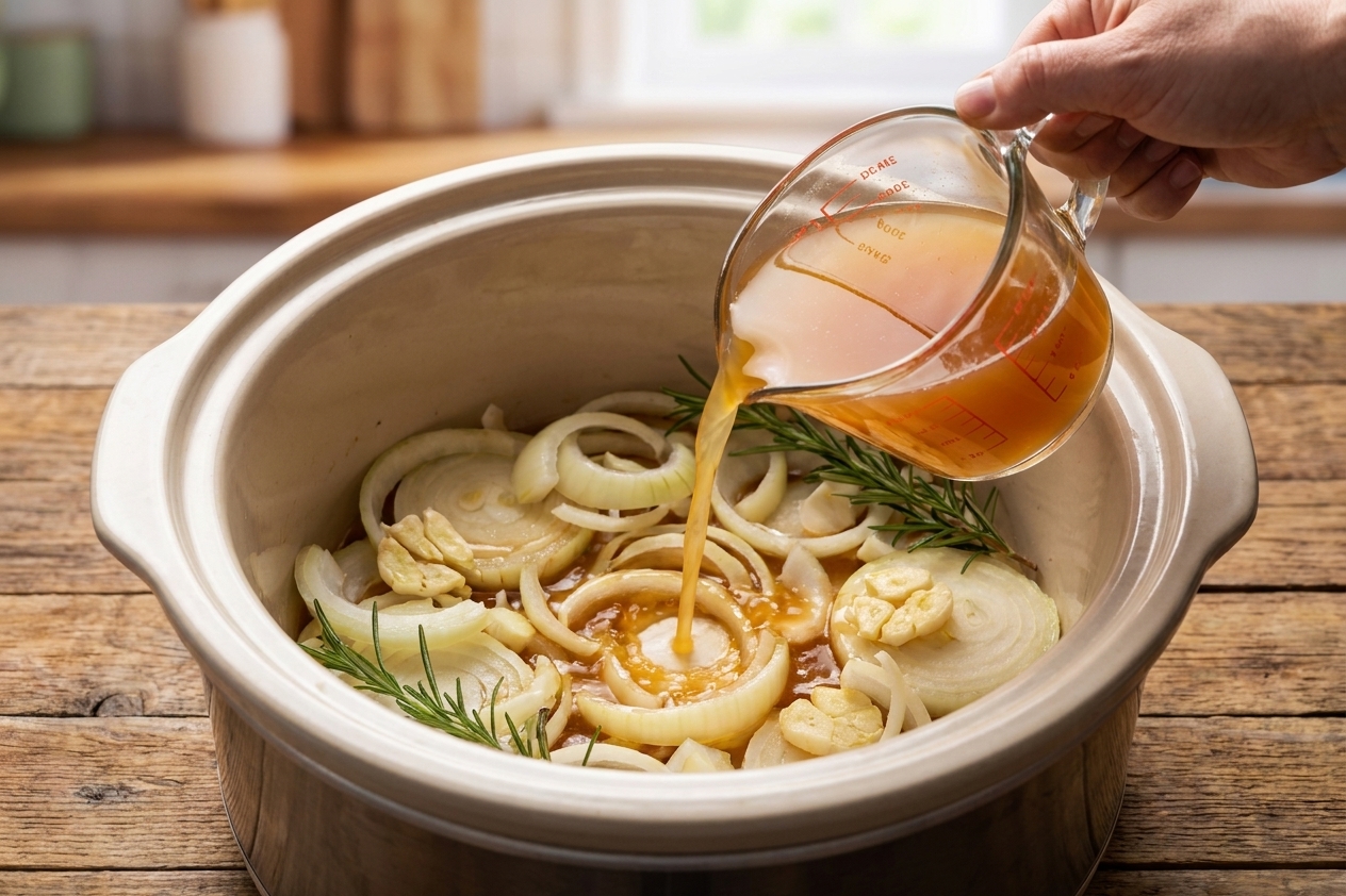 Sliced onions and smashed garlic spread across the bottom of a slow cooker crock with broth being poured in