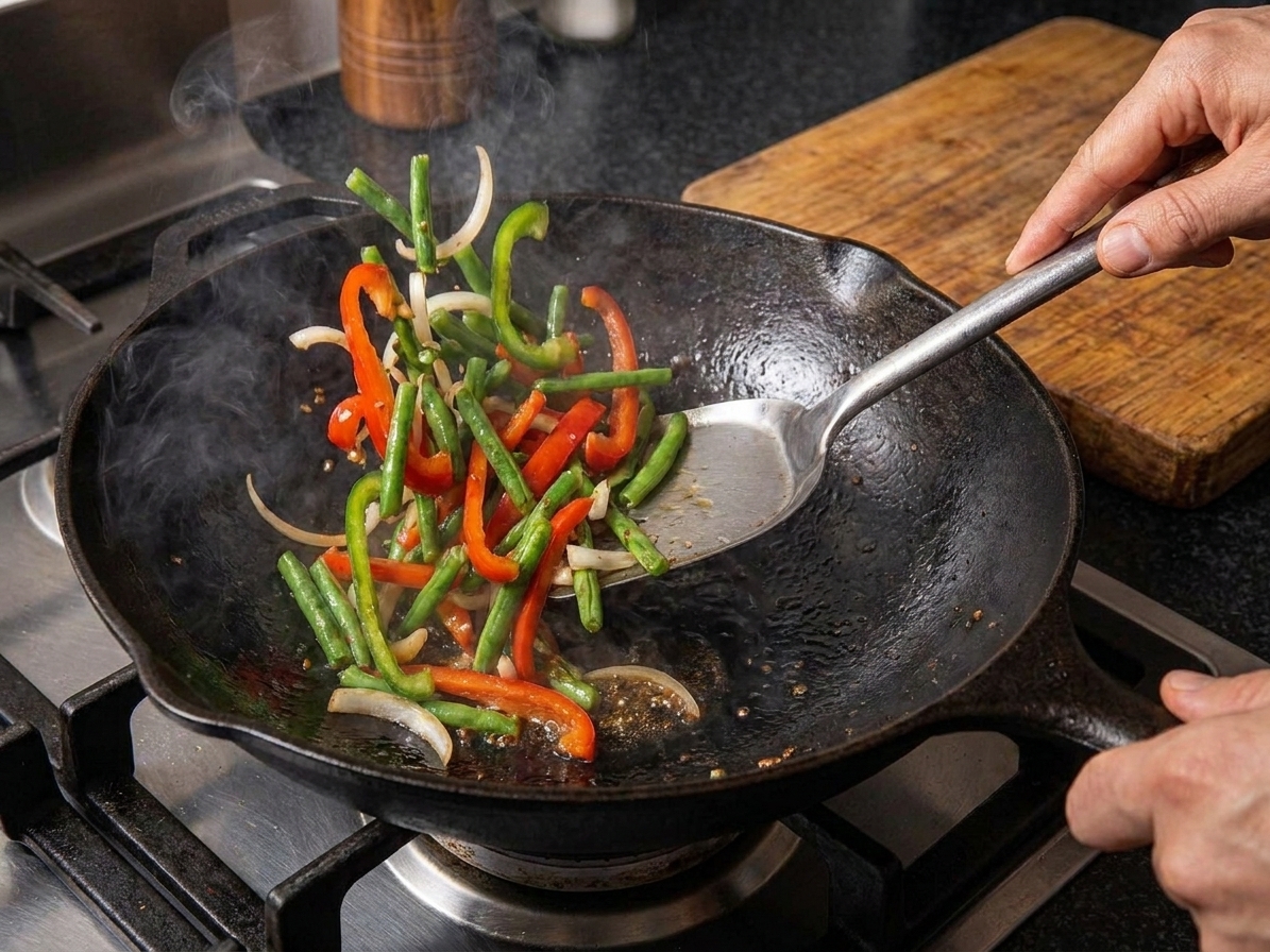 Sliced onions, bell peppers, and green beans stir-frying in a wok over high heat