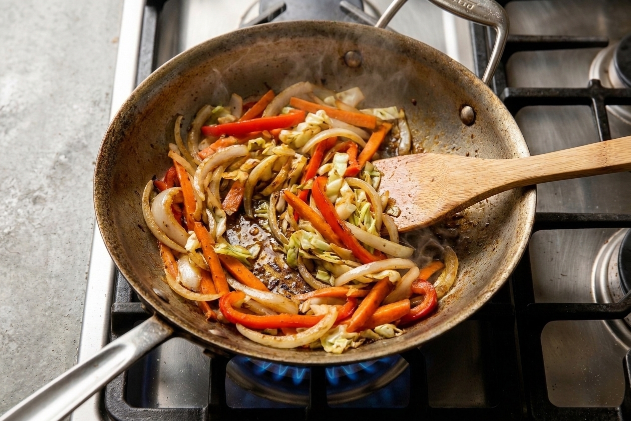 Sliced onions, carrots, bell pepper, and cabbage being stir-fried in a wok on a home stove