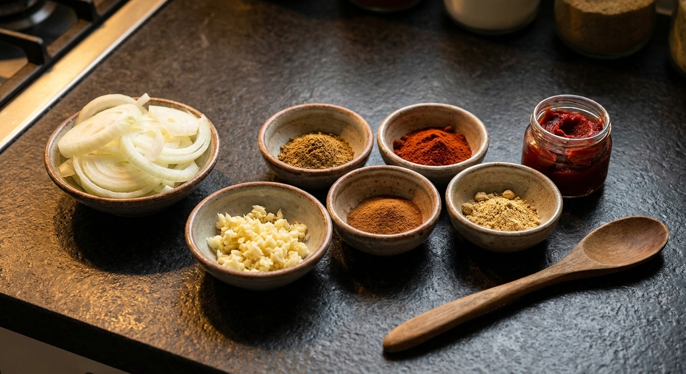 Sliced onions, minced garlic, and small bowls of cumin, paprika, cinnamon, and ginger arranged beside tomato paste on a kitchen counter, ready for cooking