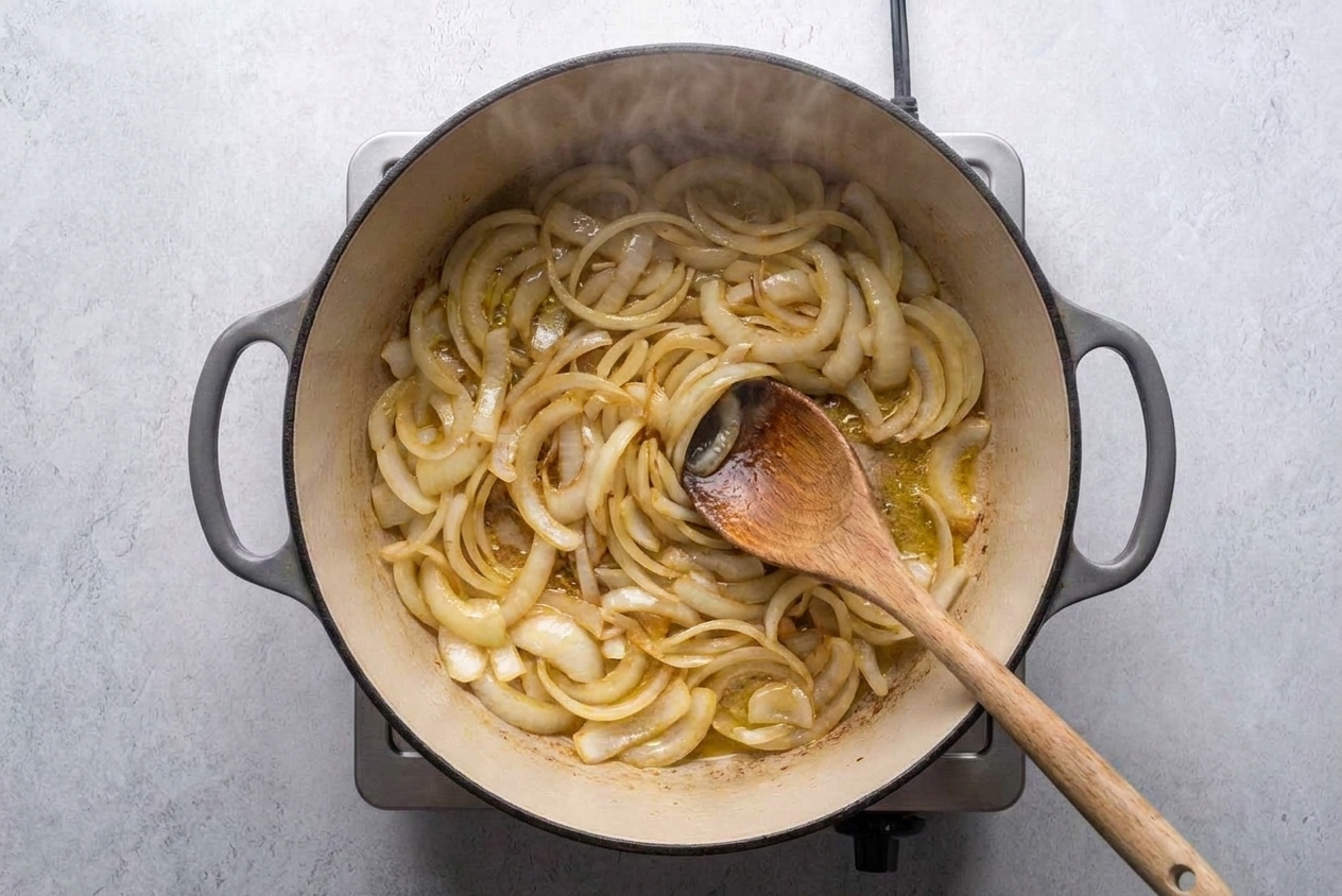 Sliced onions sautéing in a Dutch oven with a wooden spoon, lightly golden and glossy with oil
