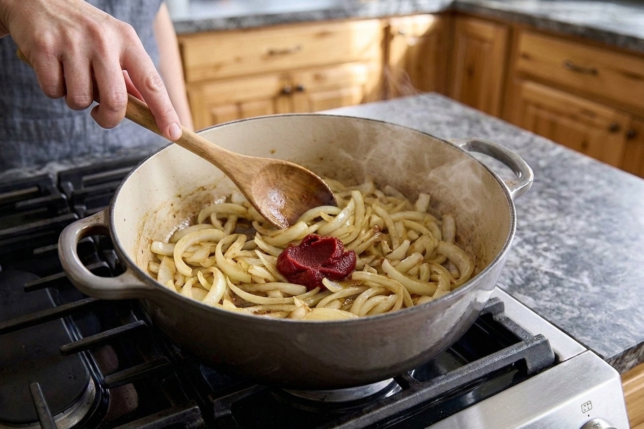 Sliced onions sautéing in a Dutch oven with tomato paste being stirred in with a wooden spoon