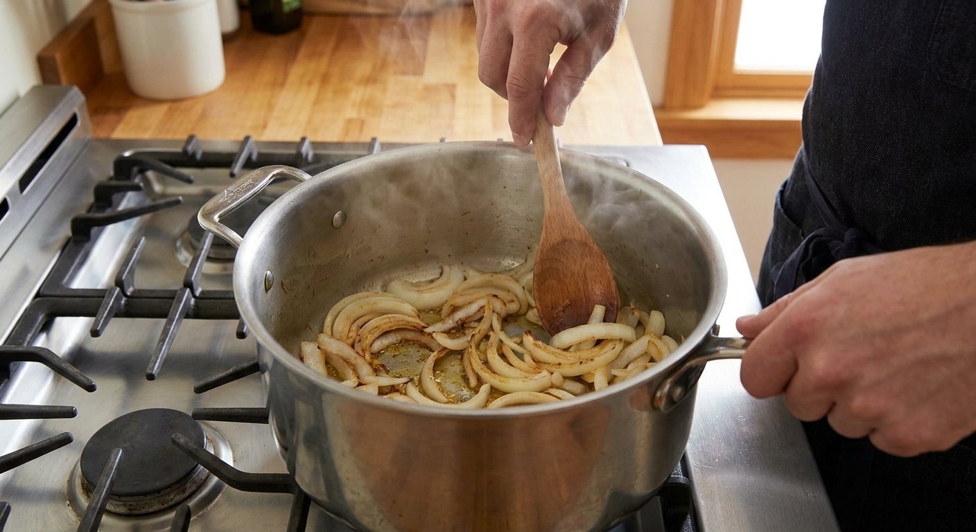 Sliced onions sautéing in a large pot on a stovetop, turning golden around the edges