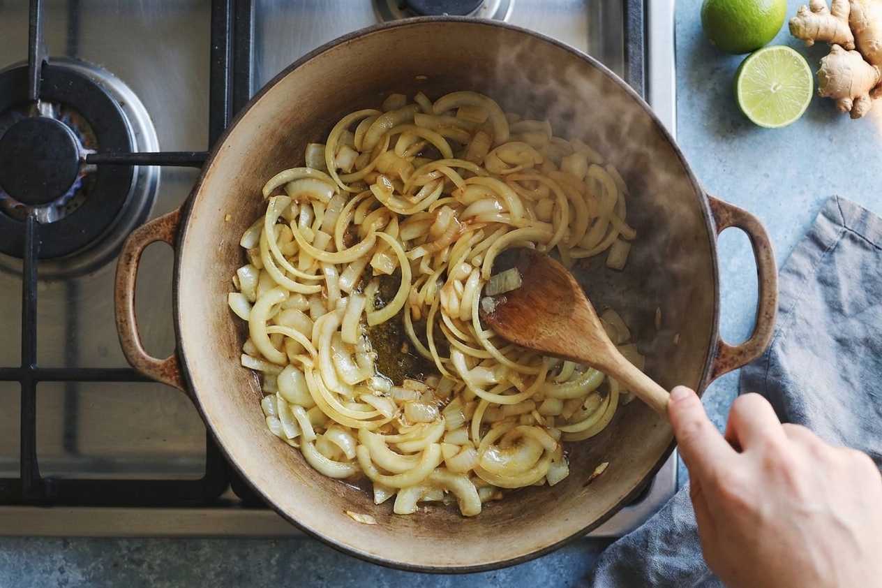 Sliced onions sautéing in a large pot on the stovetop while being stirred with a wooden spoon
