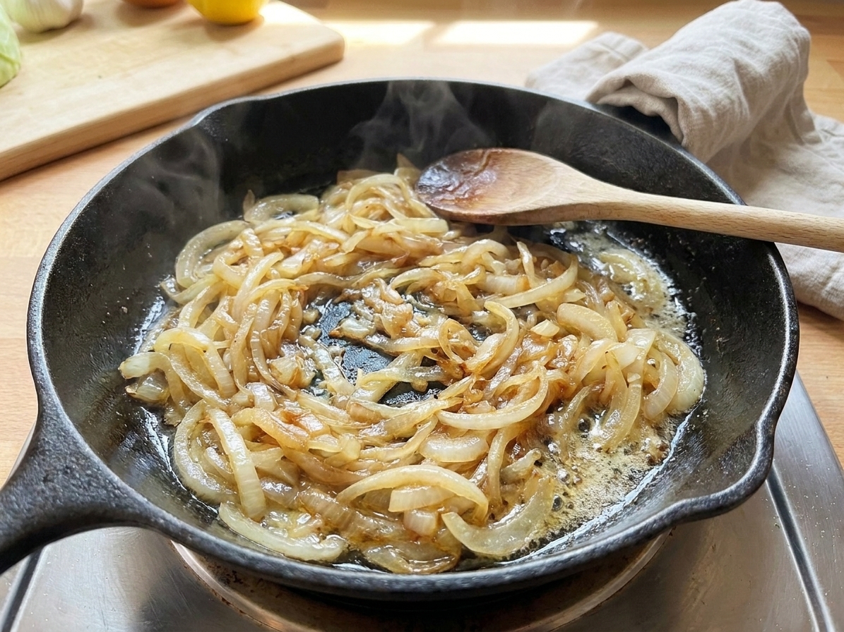 Sliced onions sautéing in butter in a large skillet on a stovetop, with a wooden spoon resting on the edge