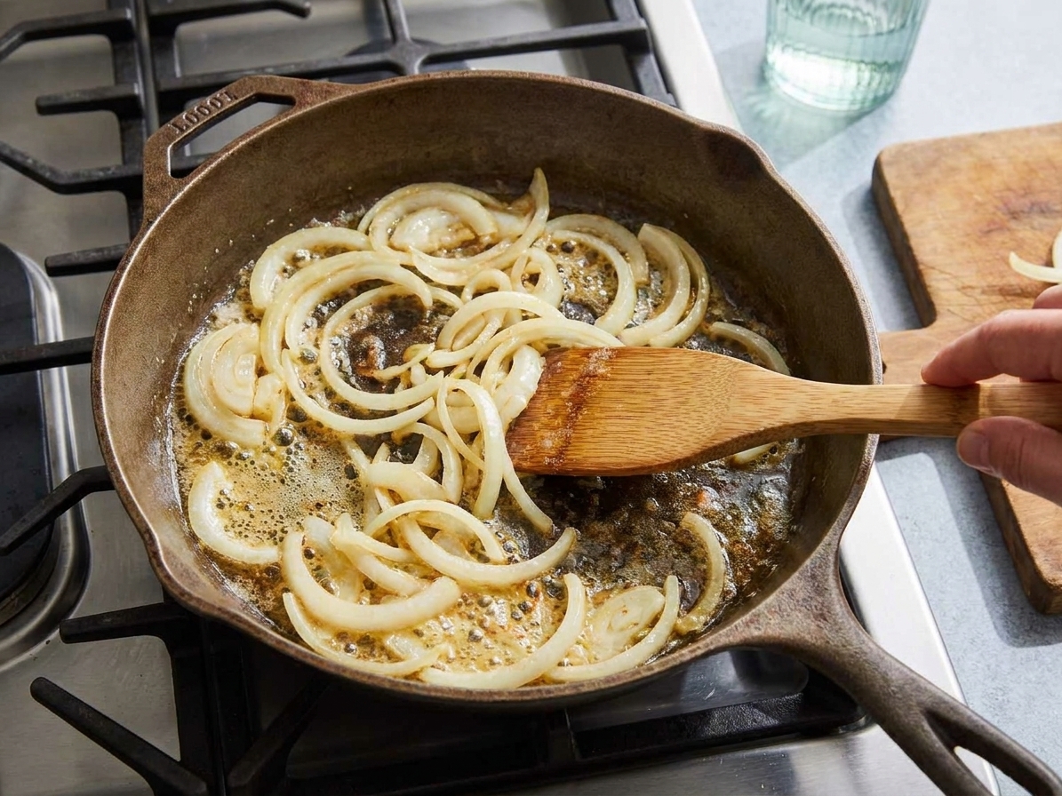 Sliced onions sautéing in melted butter in a large skillet on a stovetop