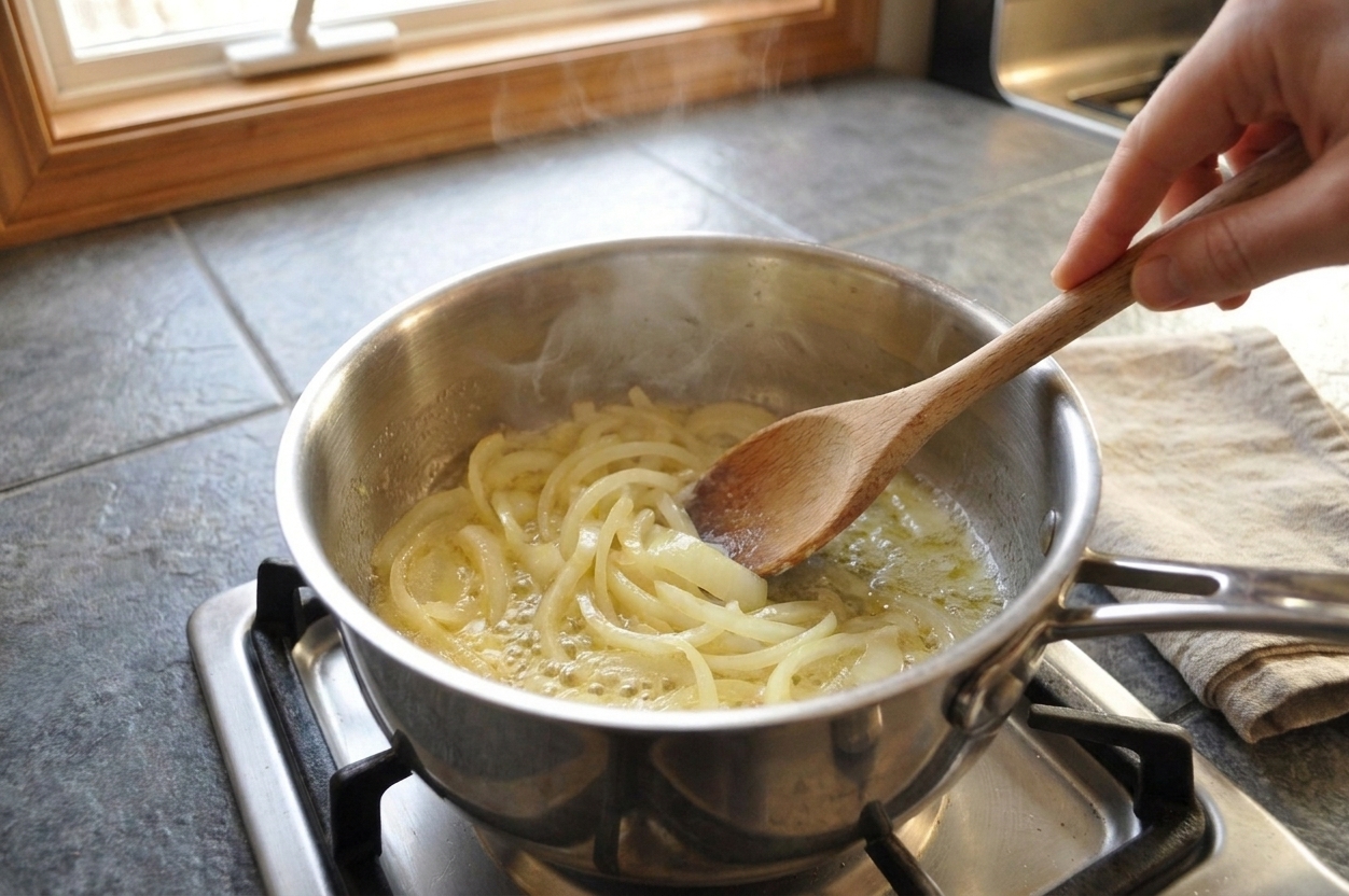 Sliced onions sautéing in melted butter in a stainless steel saucepan on a stovetop
