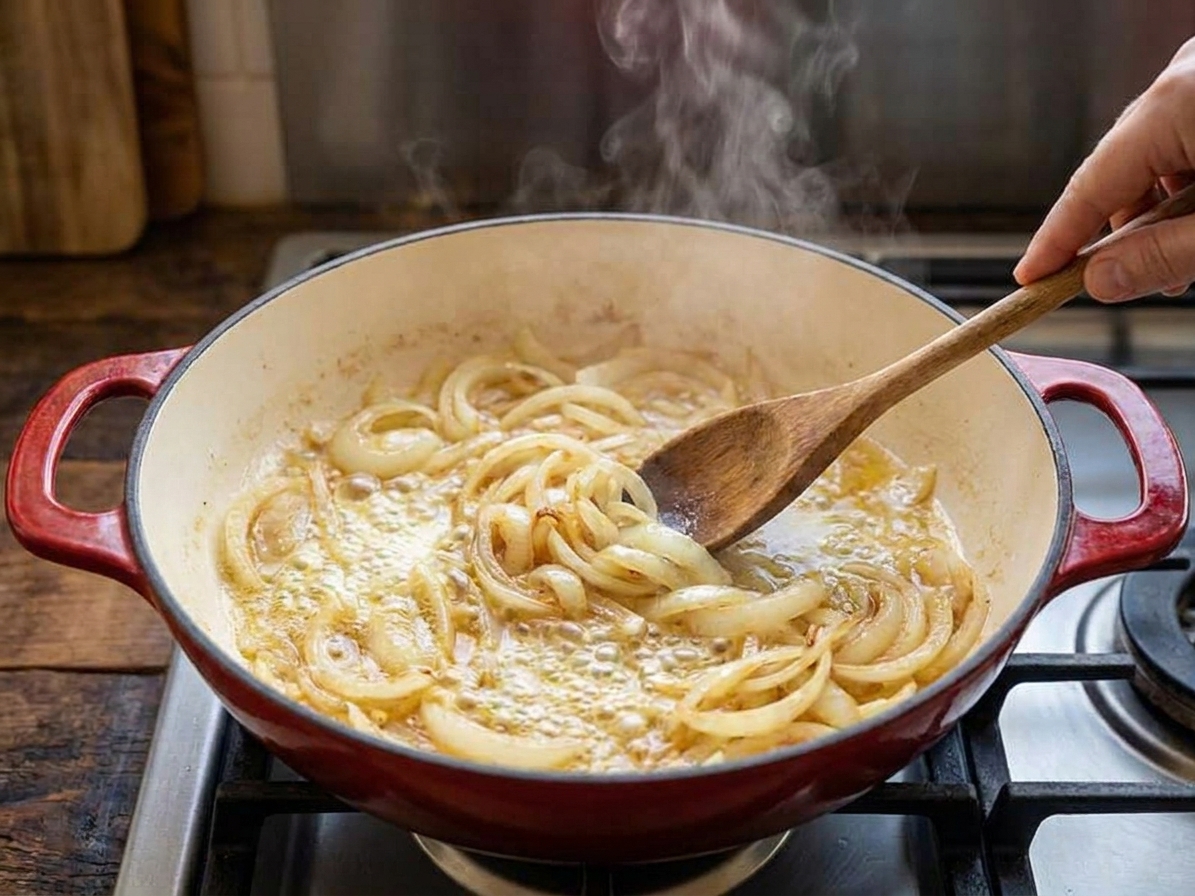 Sliced onions sautéing in melted butter in a wide skillet on a home stove