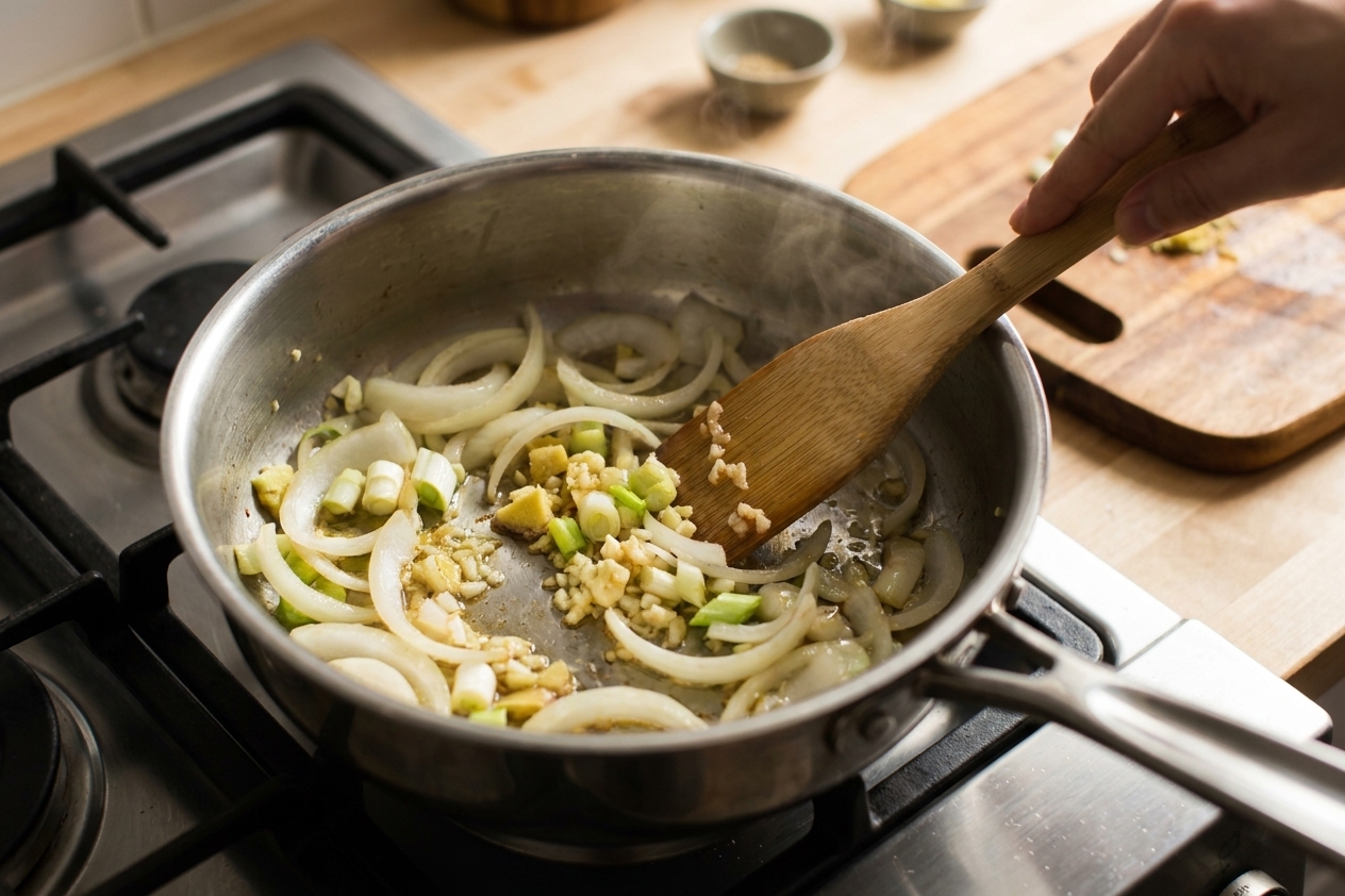 Sliced onions, scallion whites, garlic, and ginger sautéing in a pot on the stovetop
