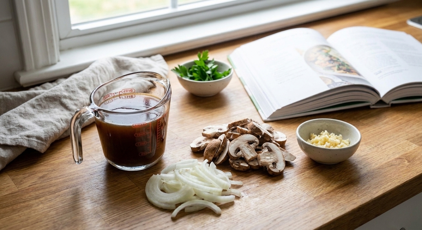 Sliced onions, sliced cremini mushrooms, minced garlic, and a measuring cup of beef broth arranged on a neutral kitchen counter
