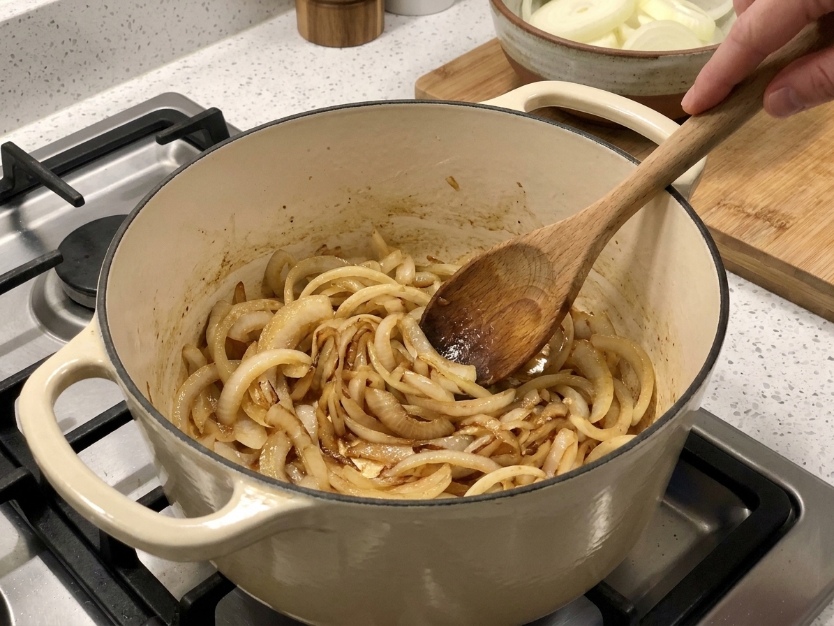 Sliced onions softening and browning in a Dutch oven while being stirred with a wooden spoon