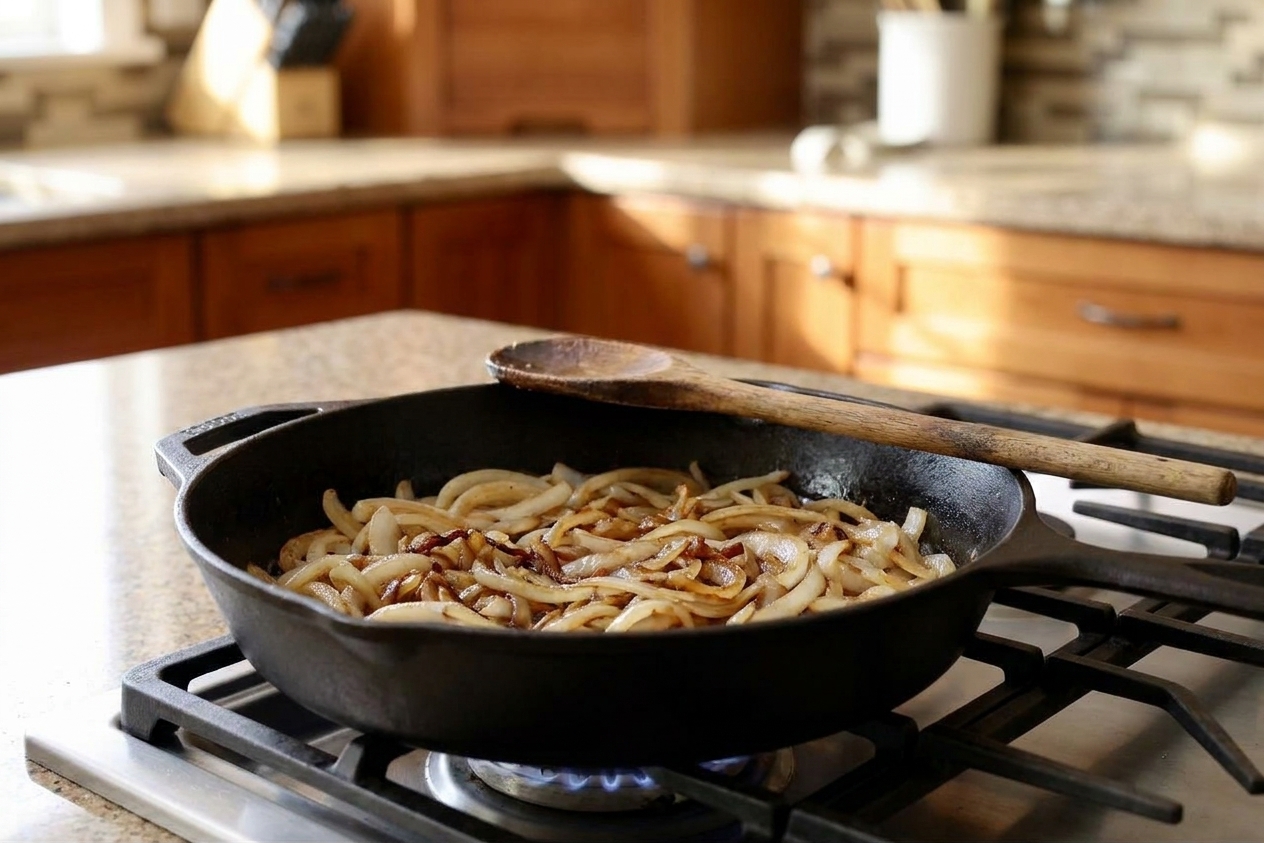 Sliced onions softening and browning in a skillet with browned edges and a wooden spoon resting on the pan