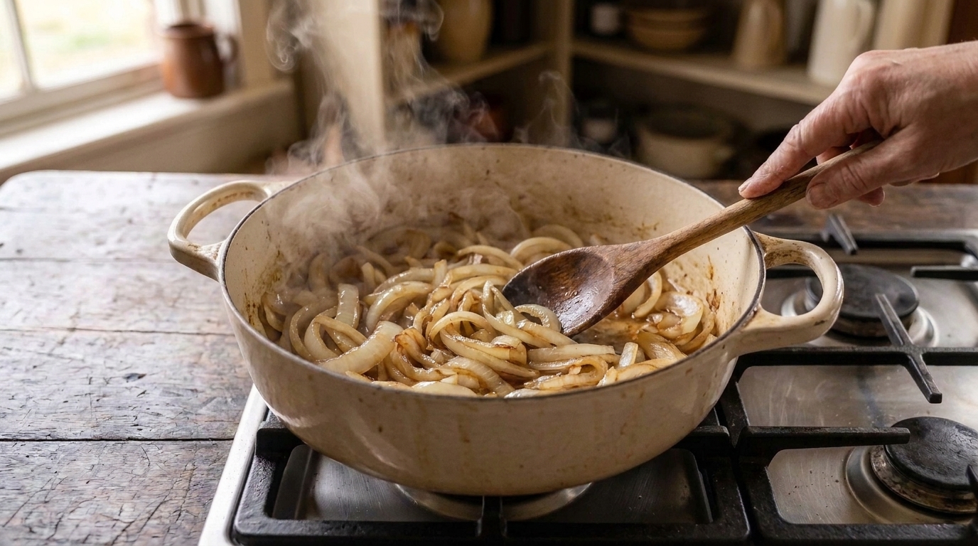 Sliced onions softening and turning golden in a Dutch oven while being stirred with a wooden spoon