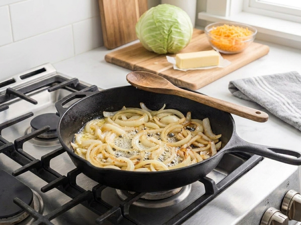 Sliced onions softening in melted butter in a black skillet on a stovetop, with a wooden spoon resting on the pan edge