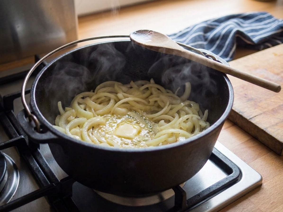 Sliced onions softening in melted butter inside a Dutch oven on a stovetop