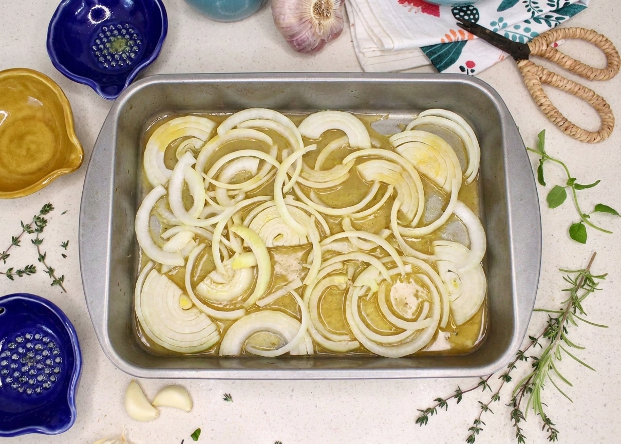 Sliced onions spread across the bottom of a roasting pan with a small amount of broth added, on a kitchen counter