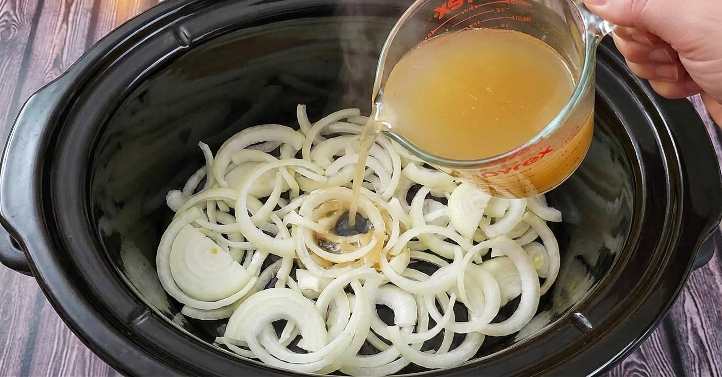 Sliced onions spread across the bottom of a slow cooker crock with chicken broth being poured in