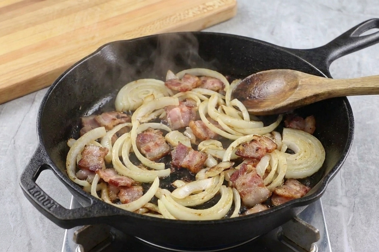Sliced onions turning translucent as they sauté with browned bacon in a skillet on a stovetop