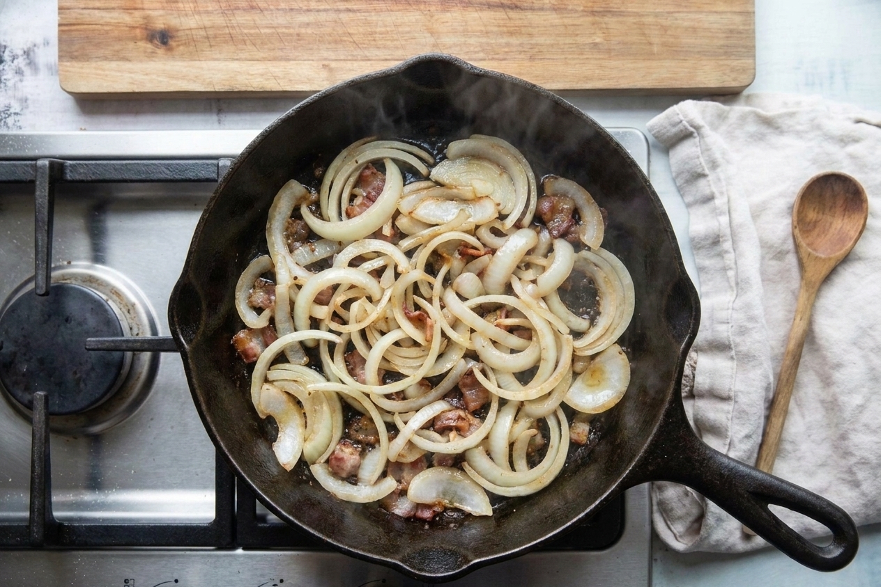 Sliced onions turning translucent in a skillet with rendered bacon fat on a home stove