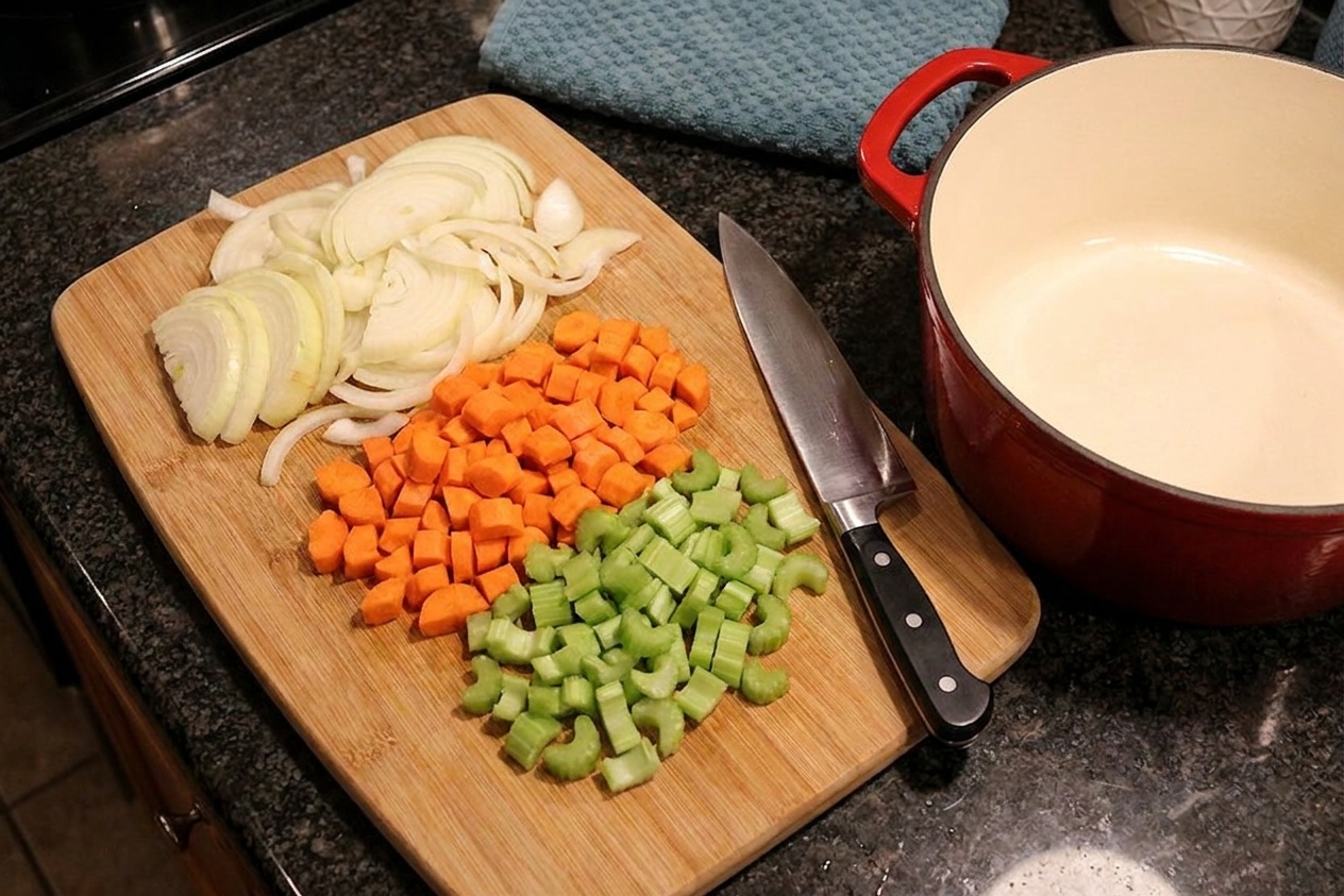 Sliced onions with chopped carrots and celery on a cutting board beside a Dutch oven on a kitchen counter