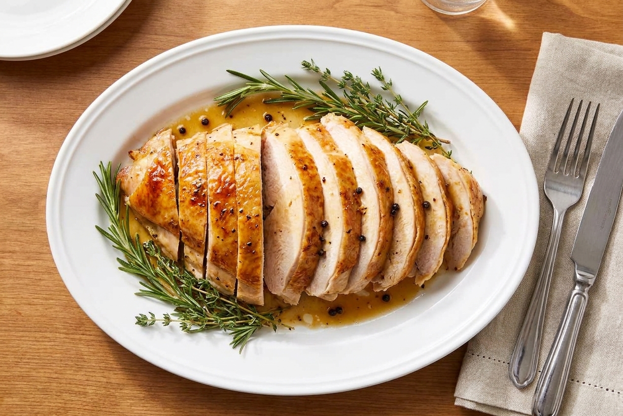 Sliced oven roasted turkey breast fanned on a serving platter with herbs and glossy pan juices, set on a simple dinner table