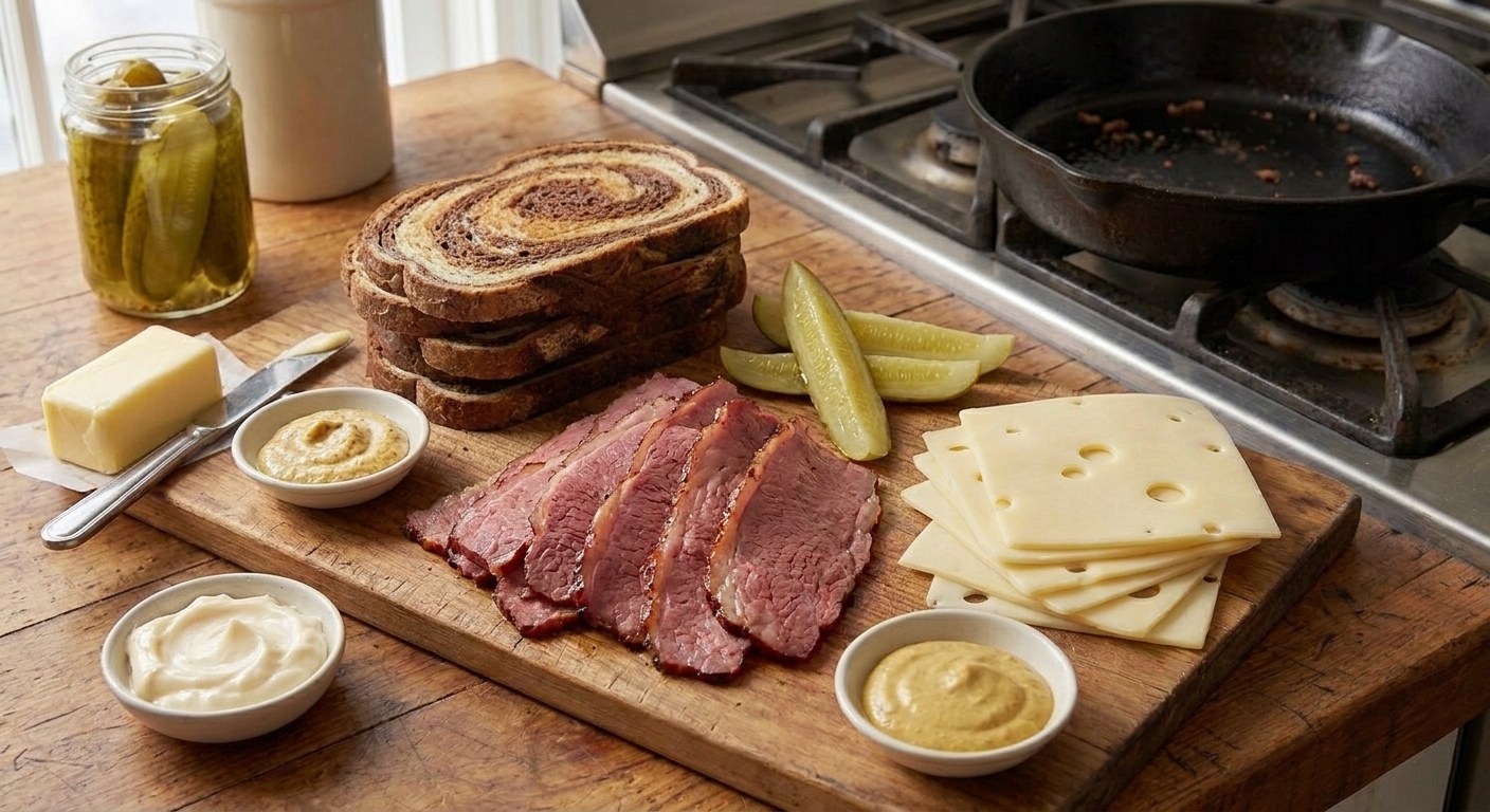 Sliced pastrami, rye bread, Swiss cheese, mustard, mayo, butter, and dill pickles arranged on a bright kitchen counter