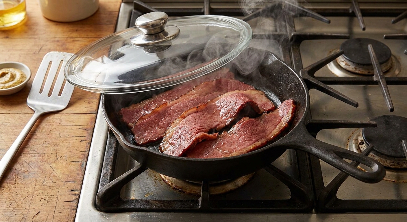 Sliced pastrami warming in a skillet with a small amount of steam rising while covered with a lid