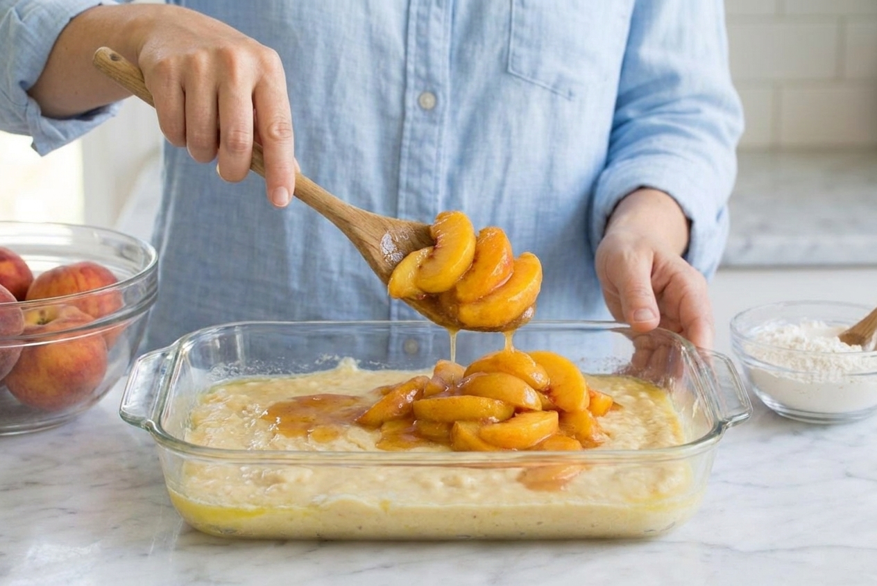 Sliced peaches being spooned evenly over batter in a buttered baking dish, with peach syrup pooling in spots