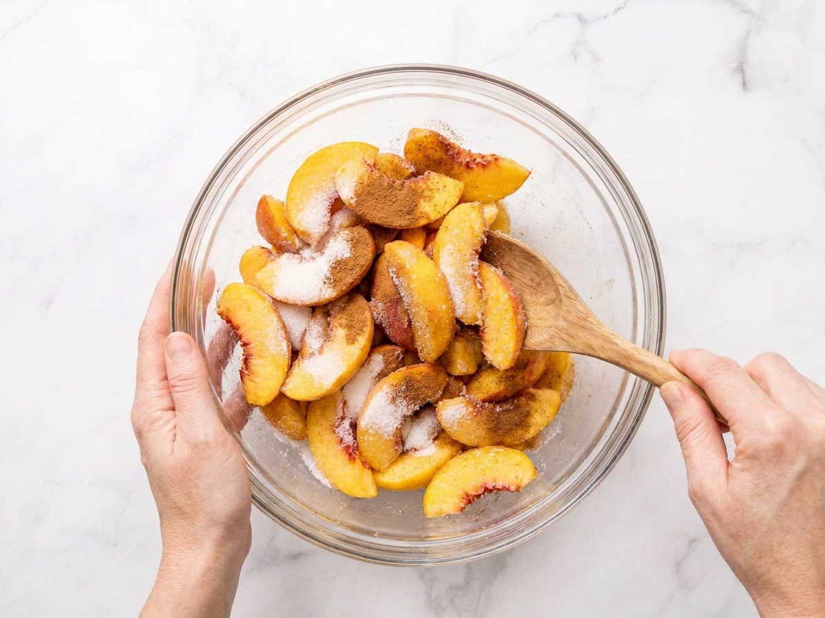 Sliced peaches being tossed with sugar and cinnamon in a mixing bowl using a wooden spoon on a stone countertop