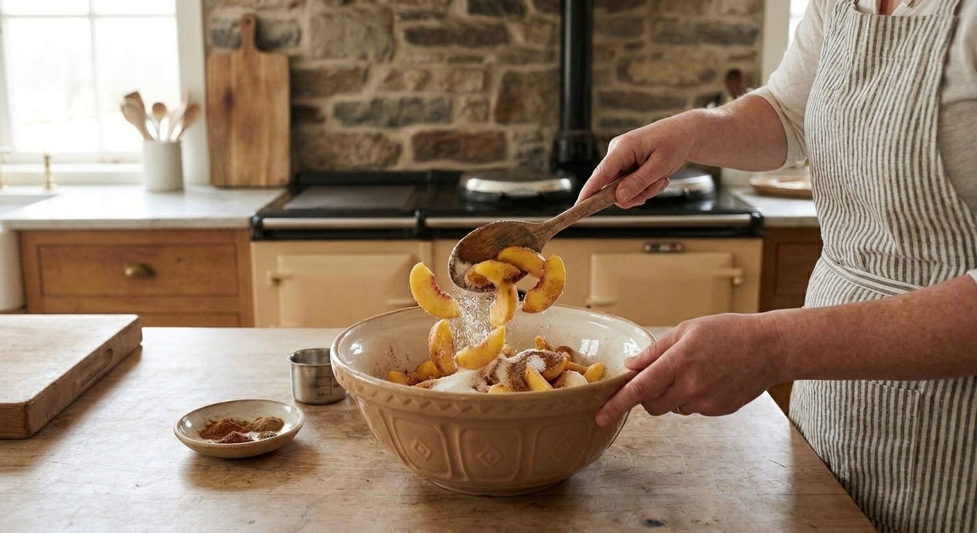 Sliced peaches being tossed with sugar and spices in a large mixing bowl with a wooden spoon