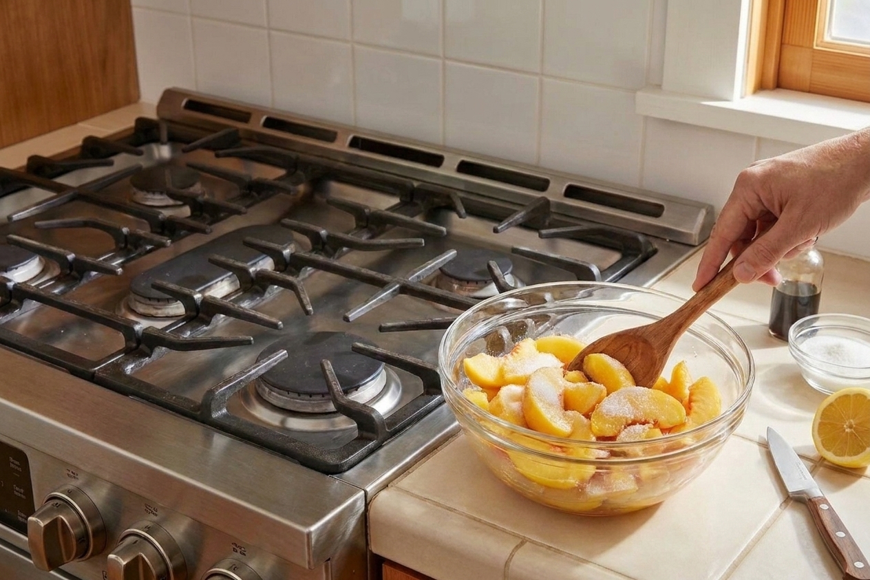 Sliced peaches in a mixing bowl with sugar and lemon juice, with vanilla and other ingredients arranged nearby on a light kitchen counter