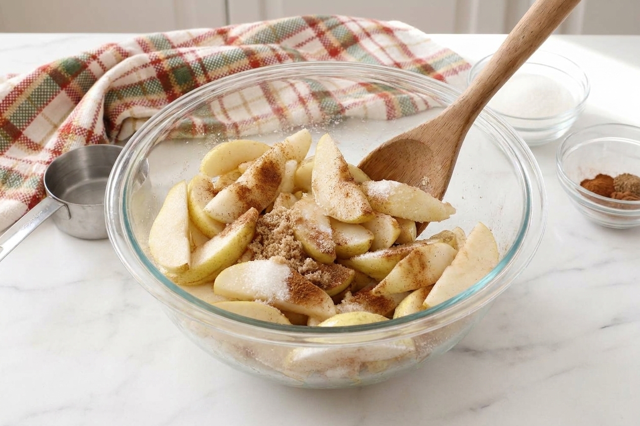 Sliced pears being tossed with sugar and spices in a large glass mixing bowl