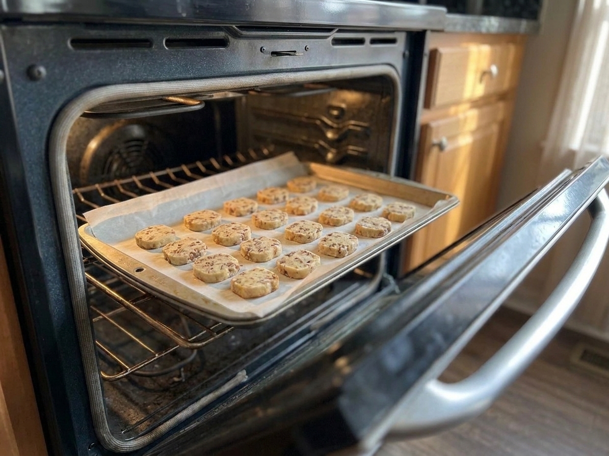 Sliced pecan sandies rounds baking on a parchment-lined sheet pan in a home oven
