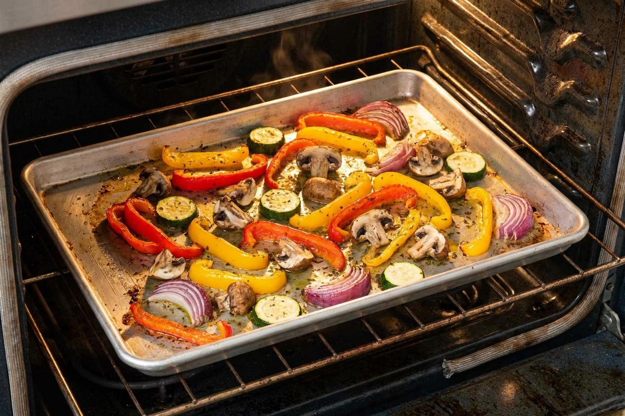 Sliced peppers, mushrooms, zucchini, and red onion roasting on a rimmed sheet pan in a hot oven