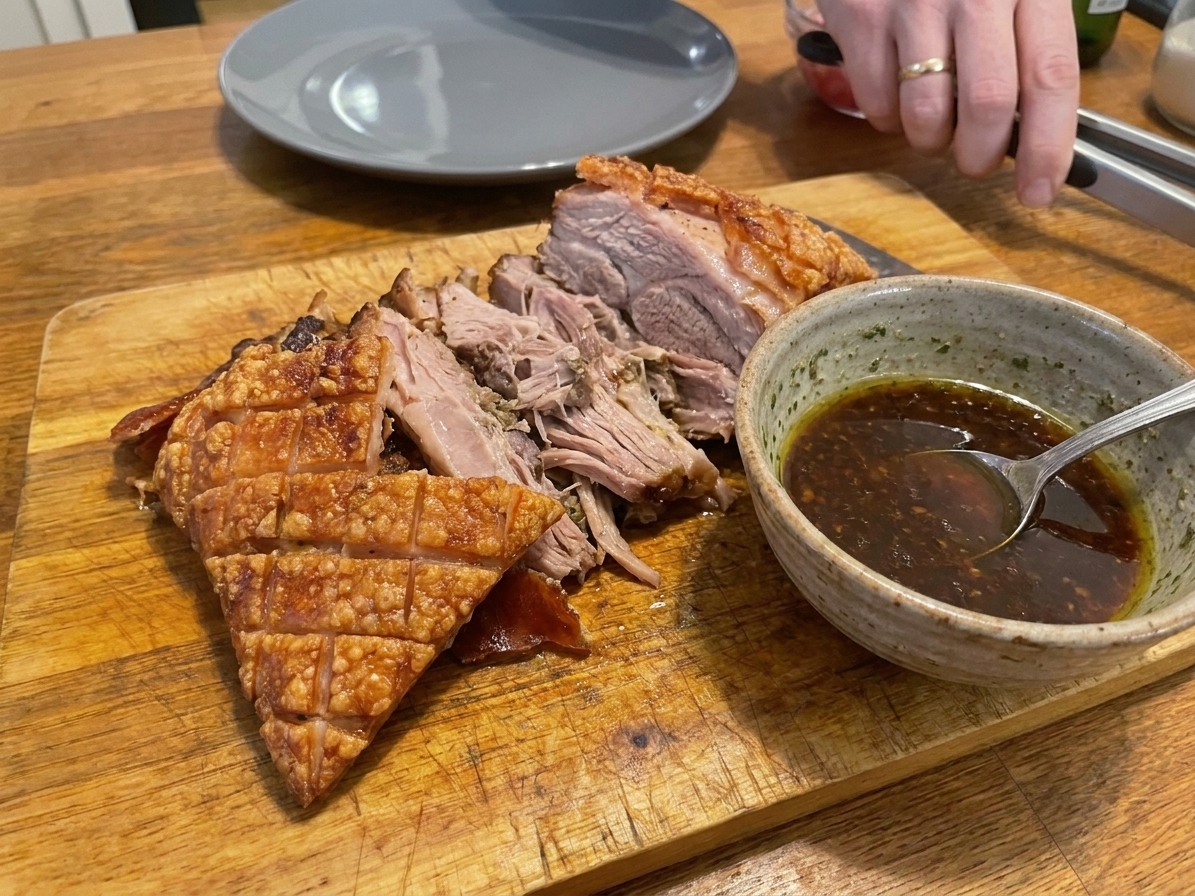 Sliced pernil on a cutting board with crispy skin pieces and a small bowl of pan juices nearby