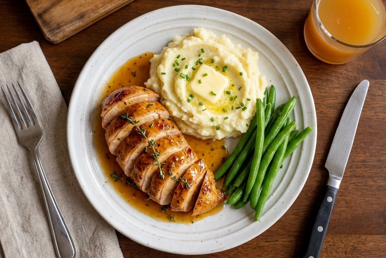 Sliced pheasant breast on a white plate with apple cider pan sauce, mashed potatoes, and green beans on a softly lit dinner table