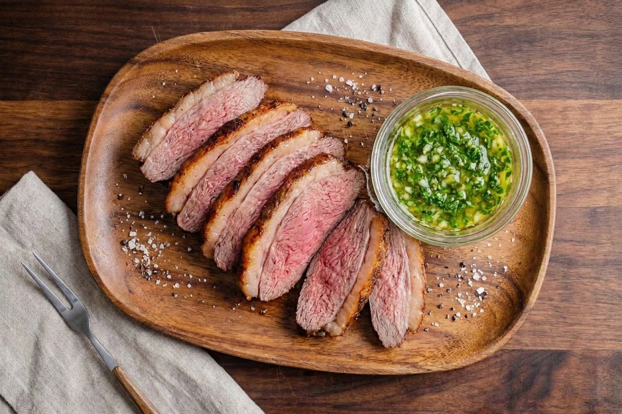 Sliced picanha arranged on a serving platter with a small bowl of chimichurri on the side