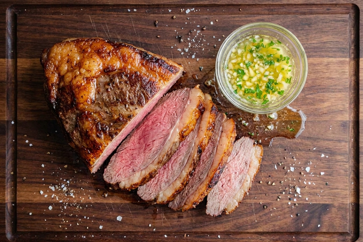 Sliced picanha steak fanned on a cutting board with a browned, crispy fat cap and a small pool of garlic butter beside it