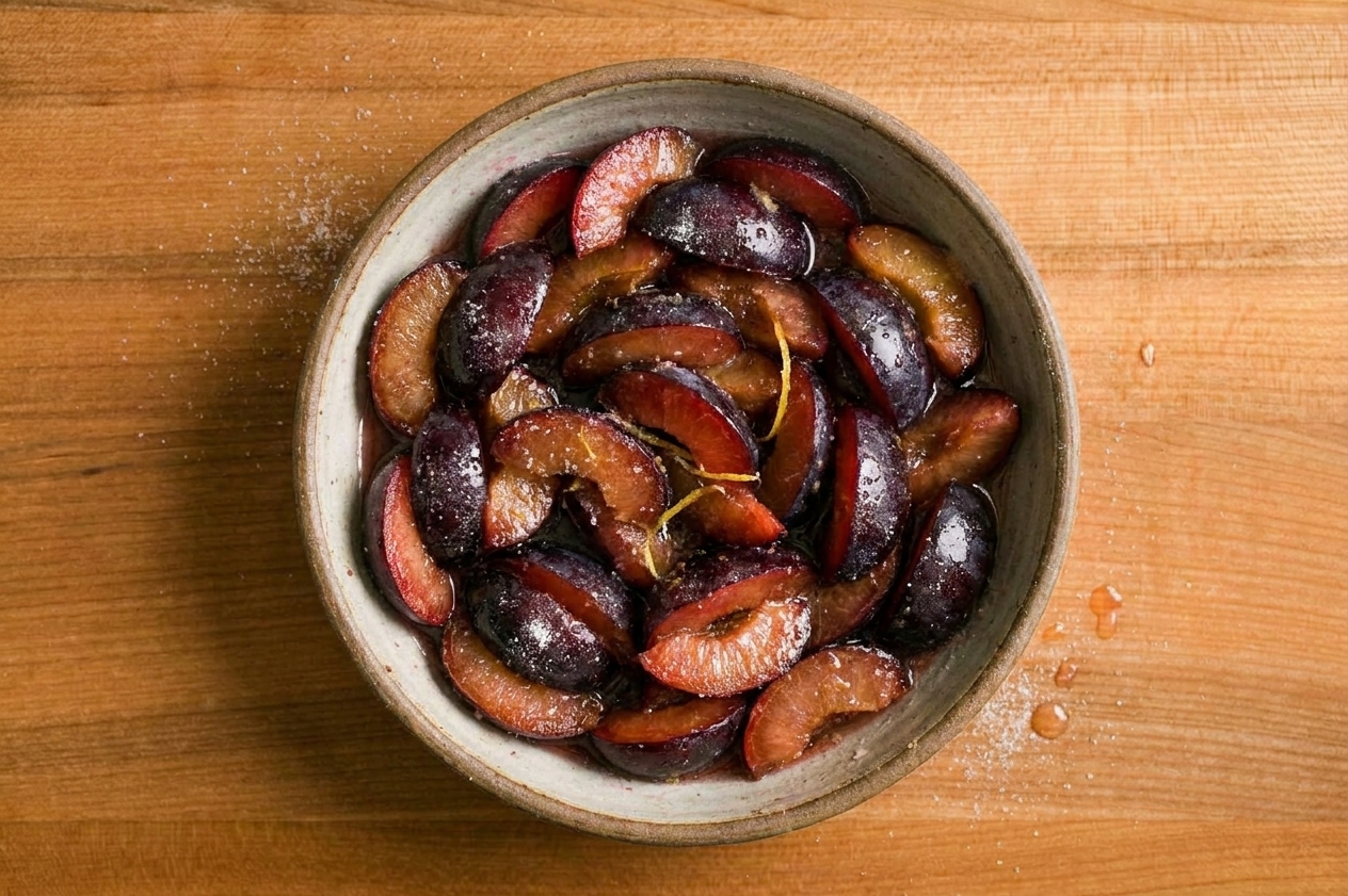 Sliced plums tossed with sugar and lemon in a ceramic baking dish on a kitchen counter, ready for the topping