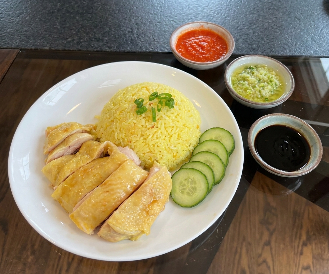Sliced poached chicken arranged on a plate next to fluffy chicken rice with cucumber and small sauce bowls on a dinner table