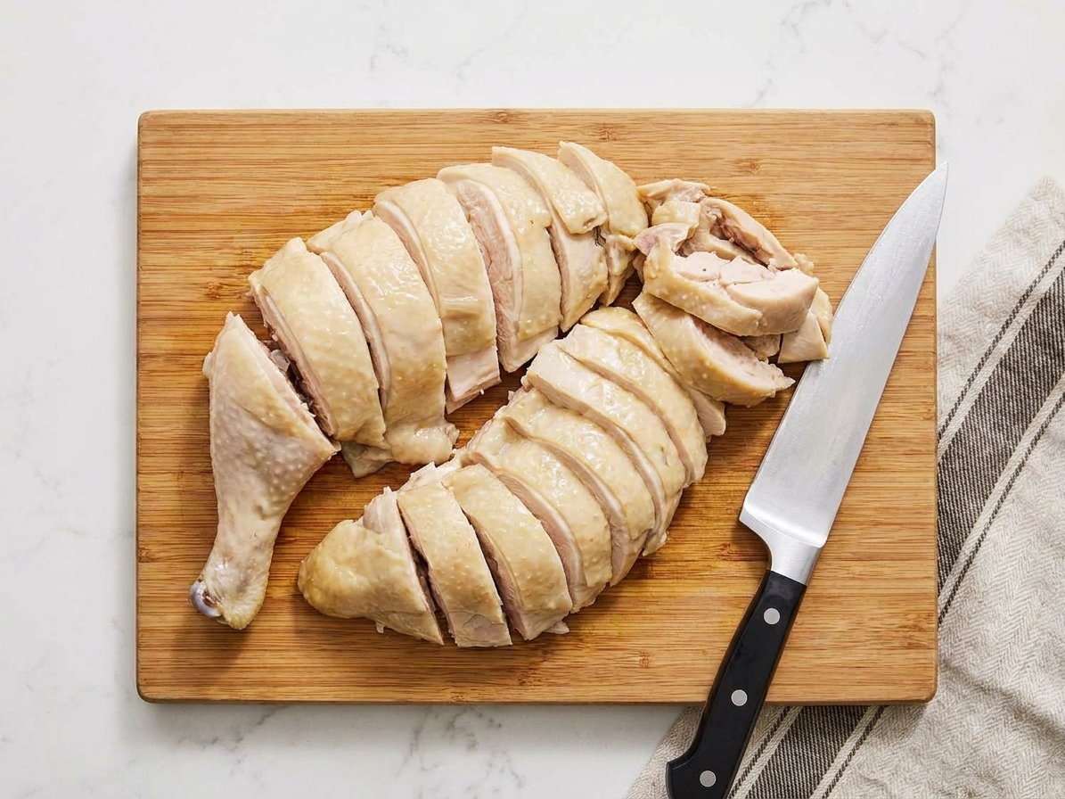 Sliced poached chicken arranged on a wooden cutting board with a chef’s knife nearby, showing glossy skin and juicy meat