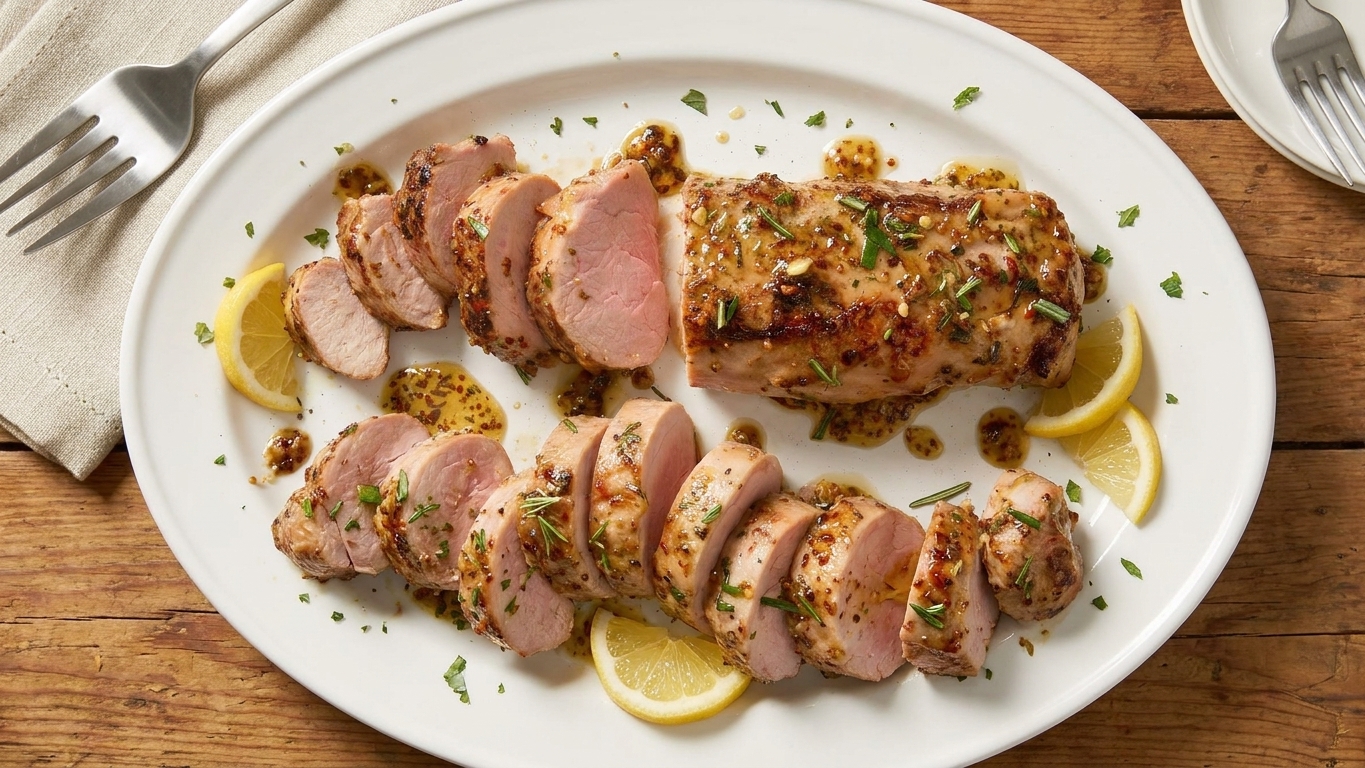 Sliced pork fillet fanned on a plate with glossy pan sauce spooned over and a lemon wedge on the side